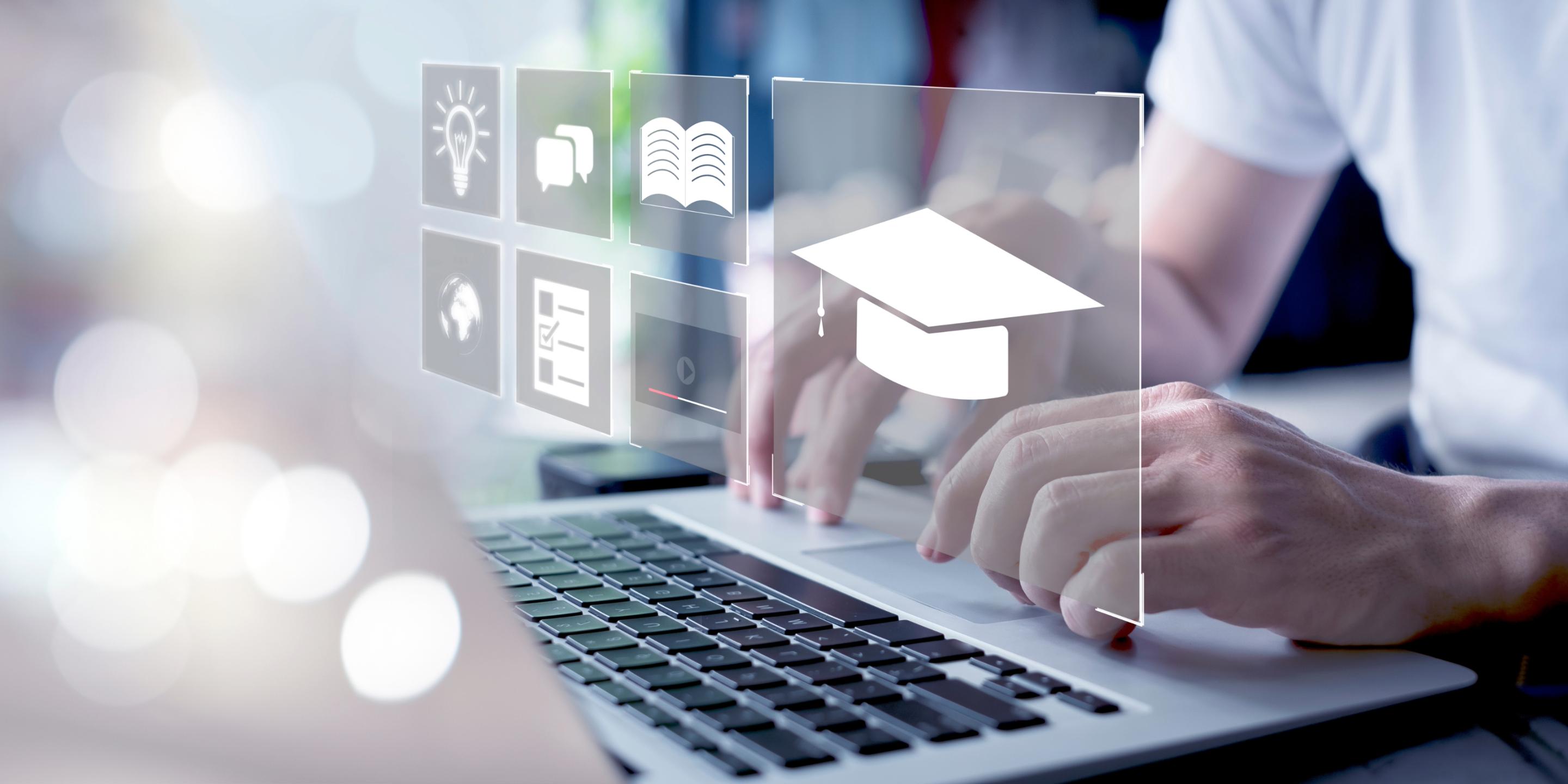 a conceptual representation of digital education or e-learning. It shows a person using a laptop with an overlay of educational icons, including a graduation cap, a lightbulb, and books.