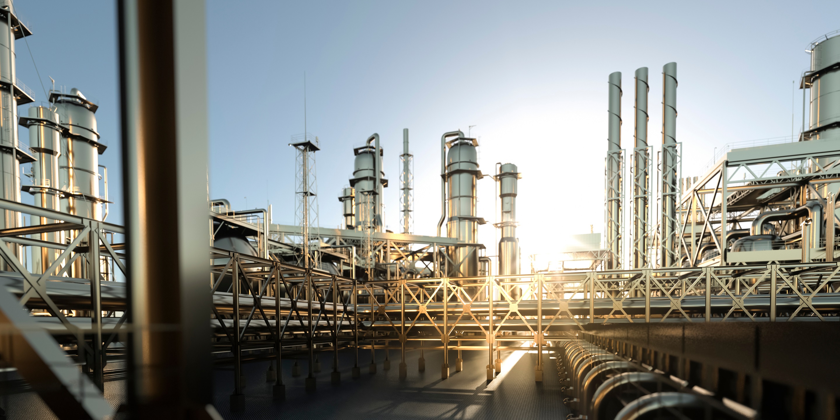 large oil refinery plant at sunrise on a clear day panoramic 3d render