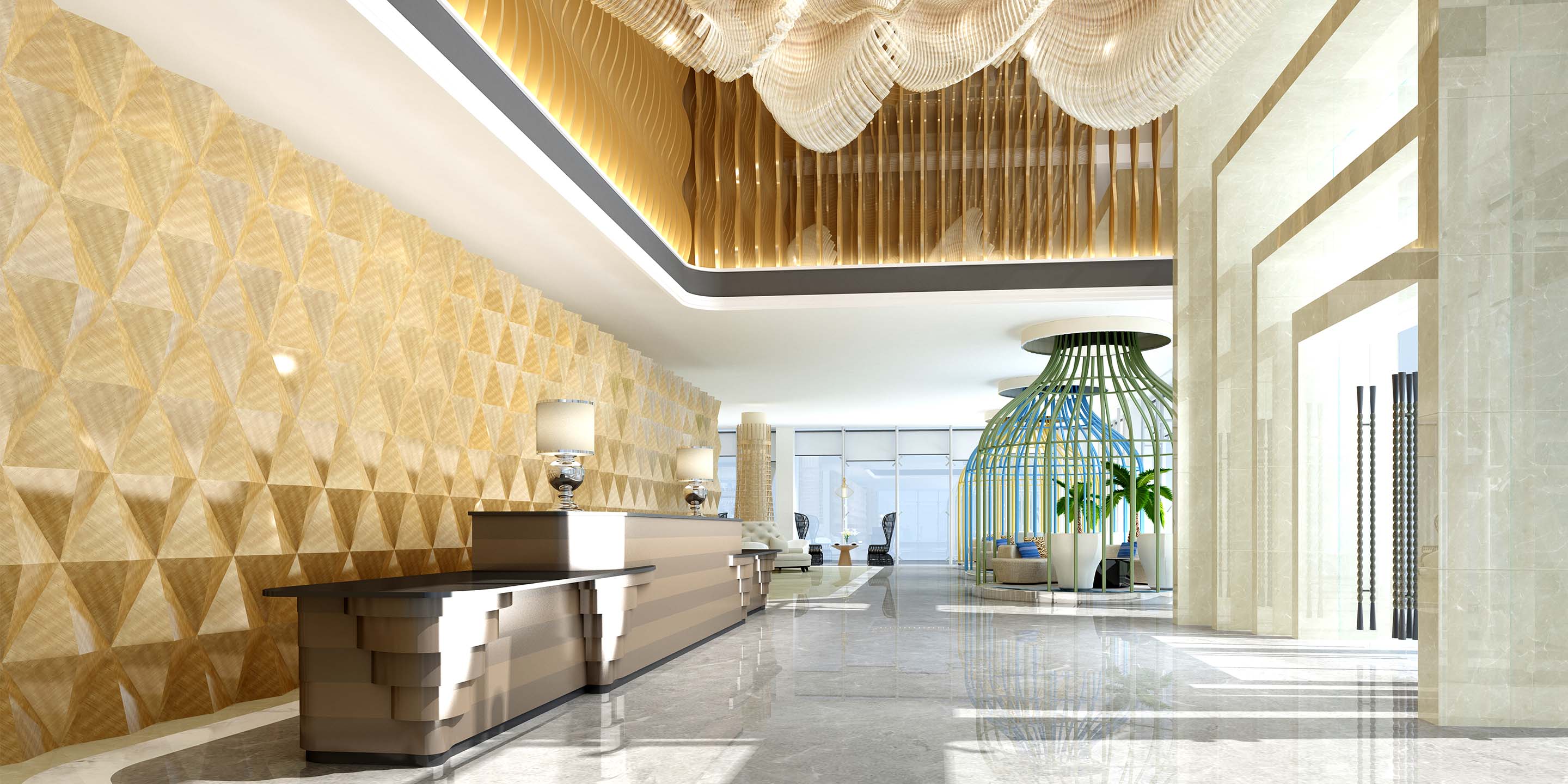Spacious lobby with modern decor, lighting, and seating area.