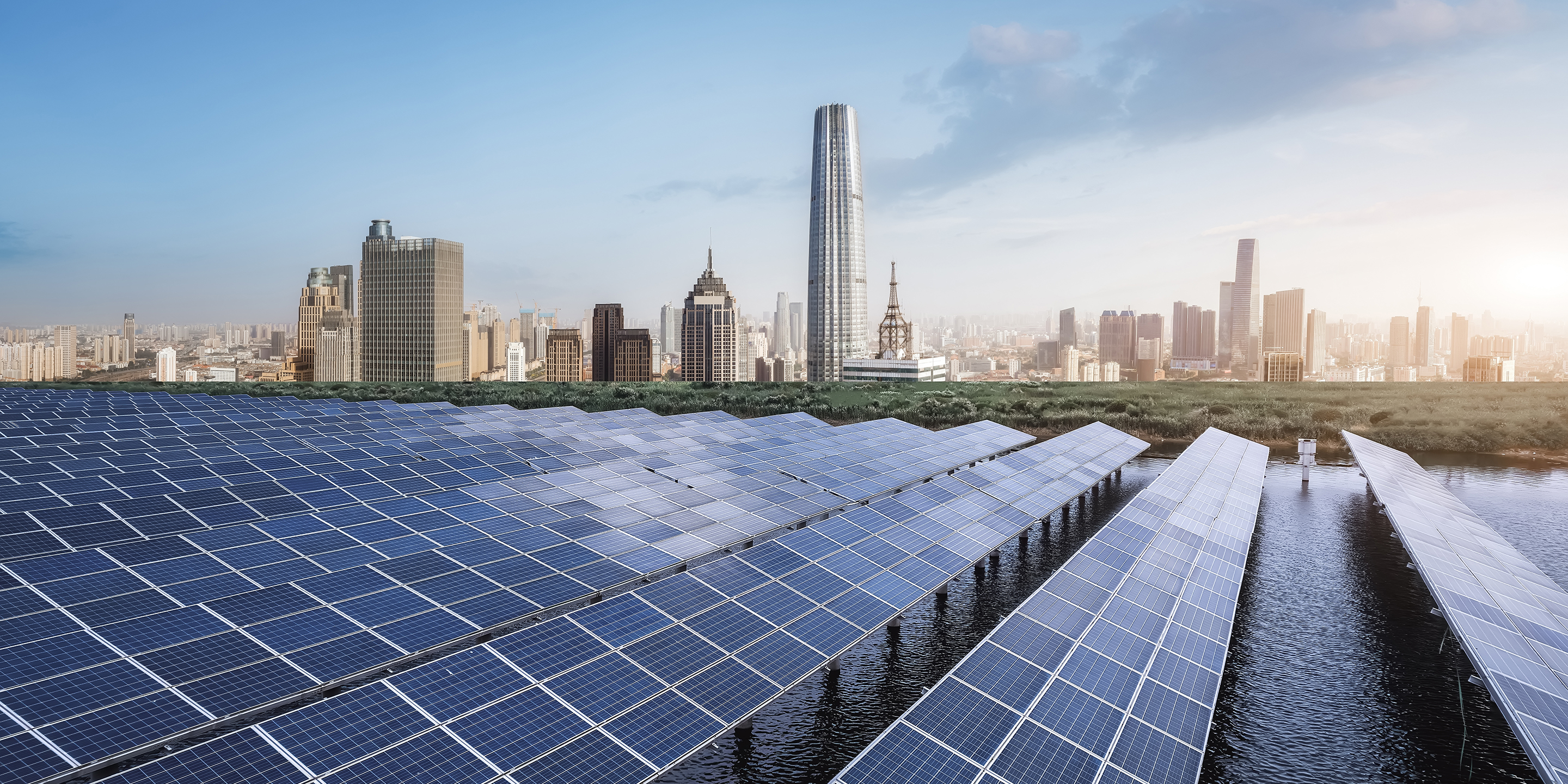 Modern City Skyline with Solar Power Plant