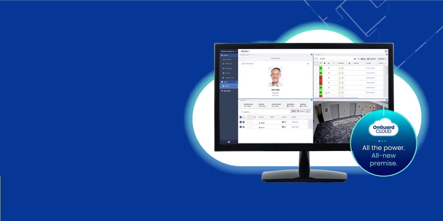 Discover the OnGuard CLOUD platform showcasing a modern security interface with user profiles, data tables, and live surveillance feeds. Designed for powerful, cloud-based access control and monitoring.