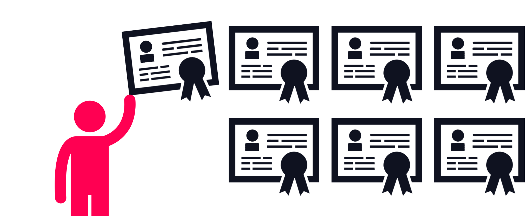 Visual of multiple certificates and a figure holding one, symbolizing recognition and verified accomplishments.