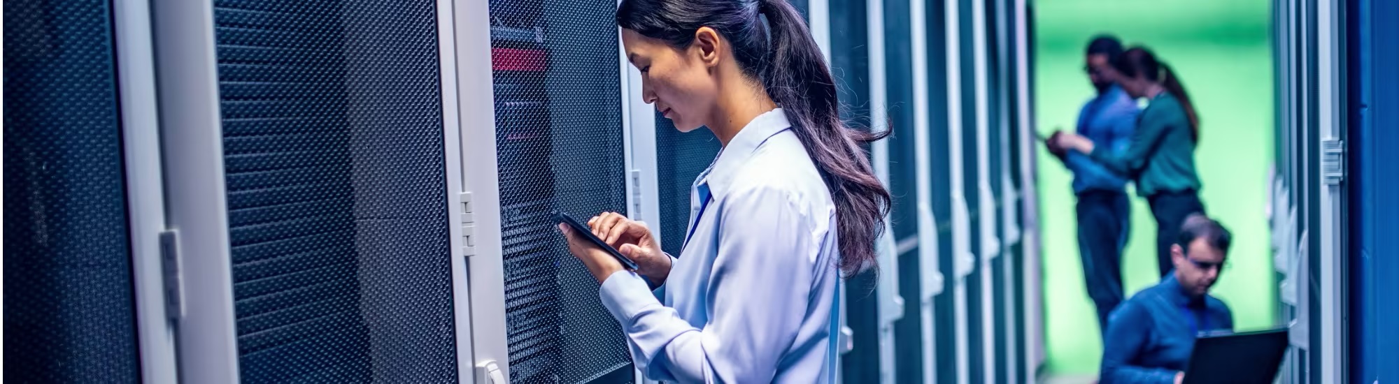 Team of engineers working in server room