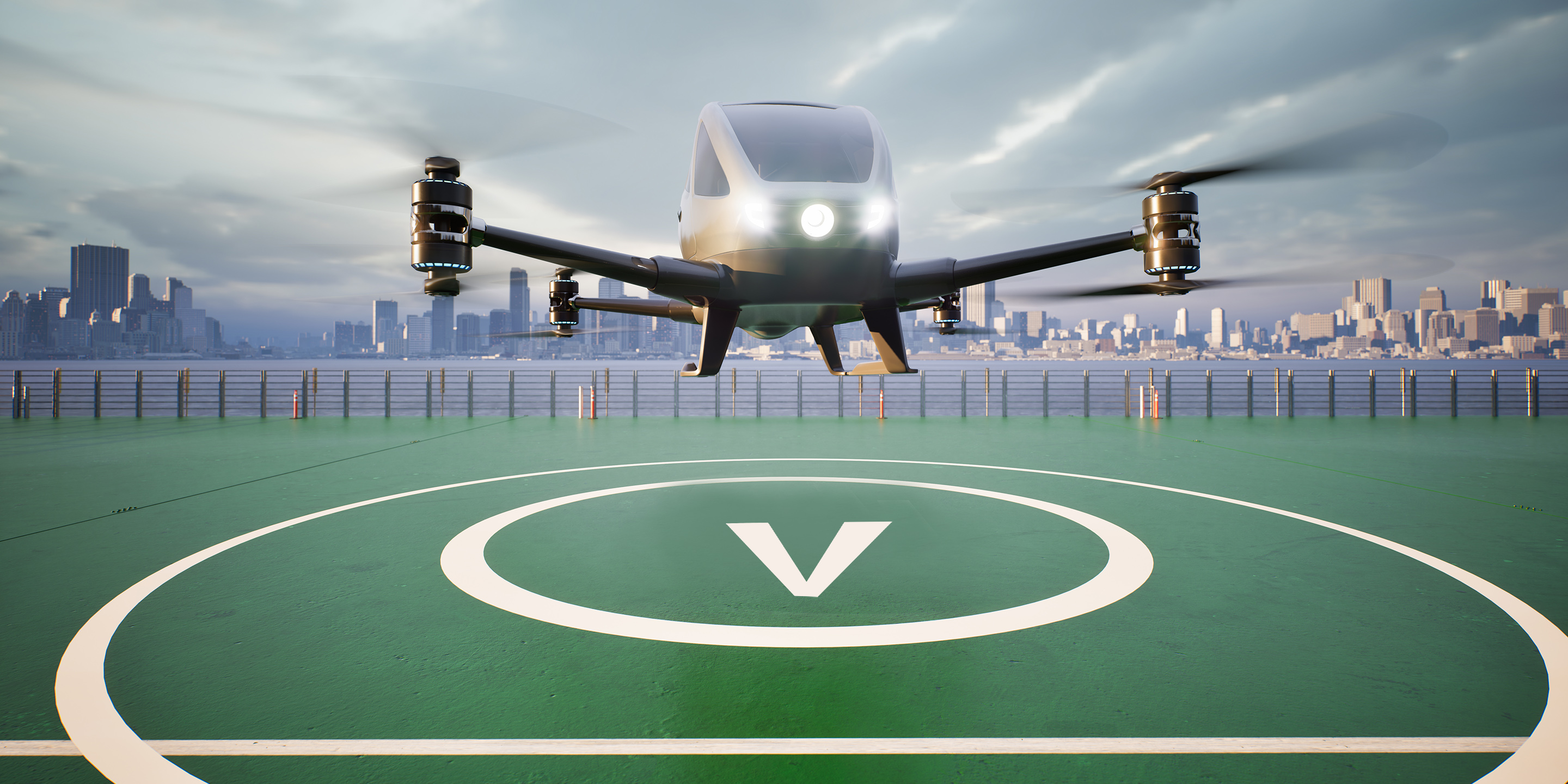 Autonomous driverless aerial vehicle fly across city, 3d render