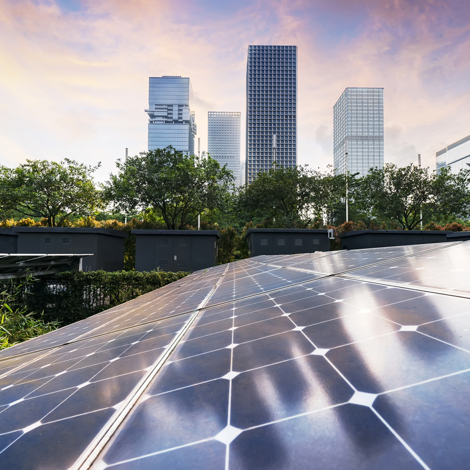 Solar Power Plant in modern city,Sustainable Renewable Energy.