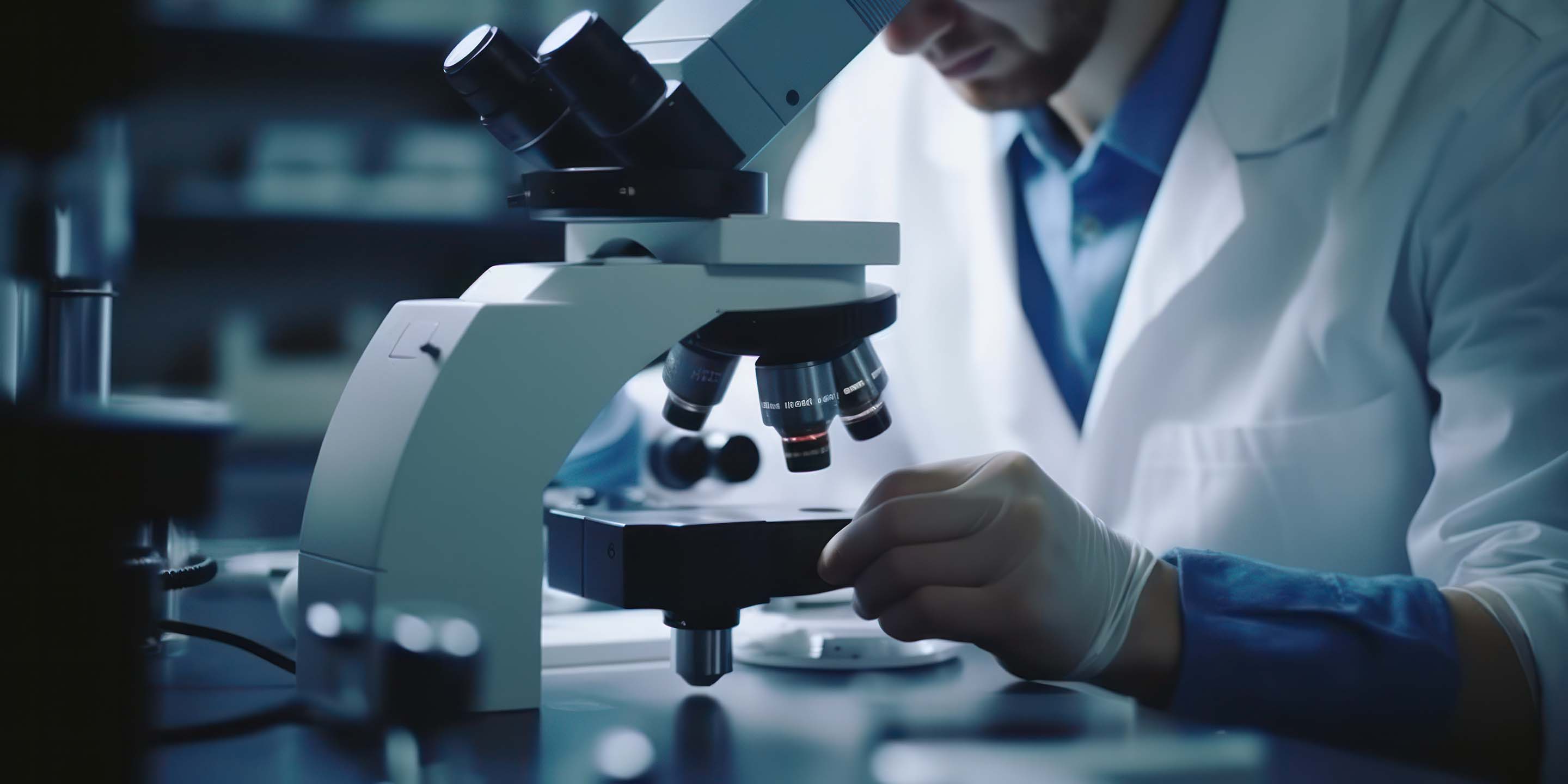 scientist working with microscope in laboratory close up hands, science research and development concept, generative ai