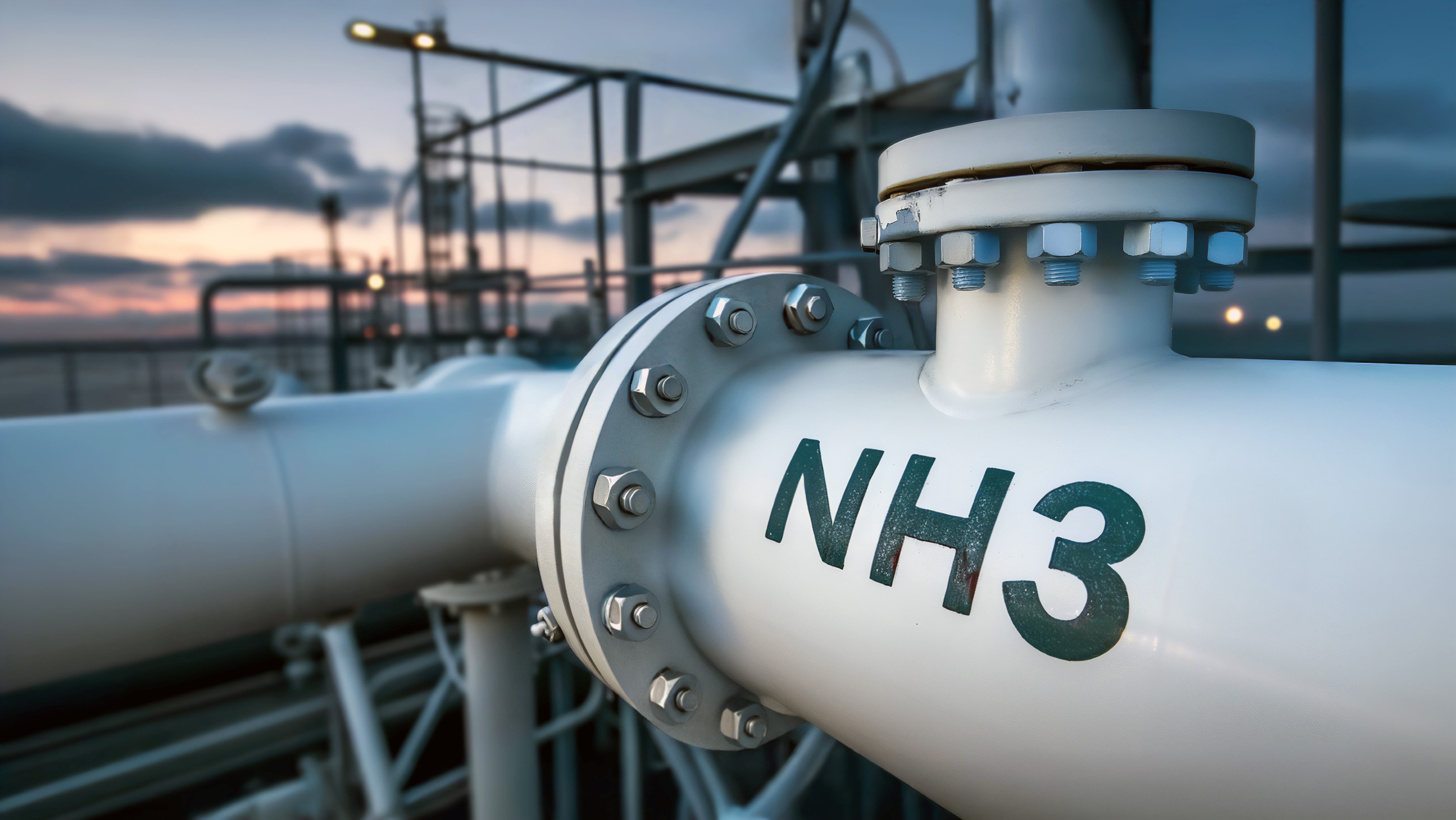 Close-up of an ammonia pipeline marked NH3, showcasing industrial setup against a dusk sky.