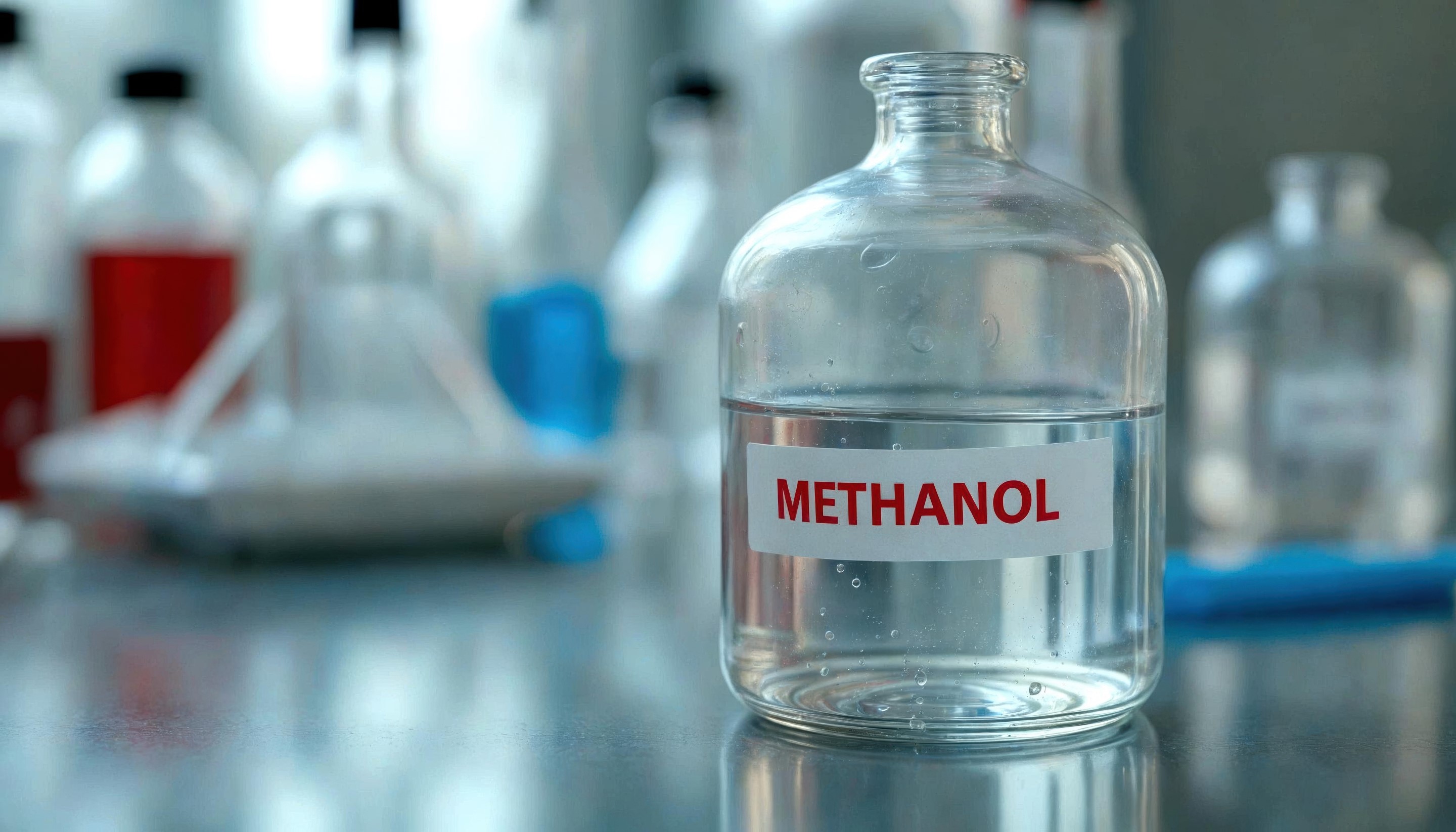 A clear laboratory bottle labeled "METHANOL" prominently displayed with blurred glassware in the background.
