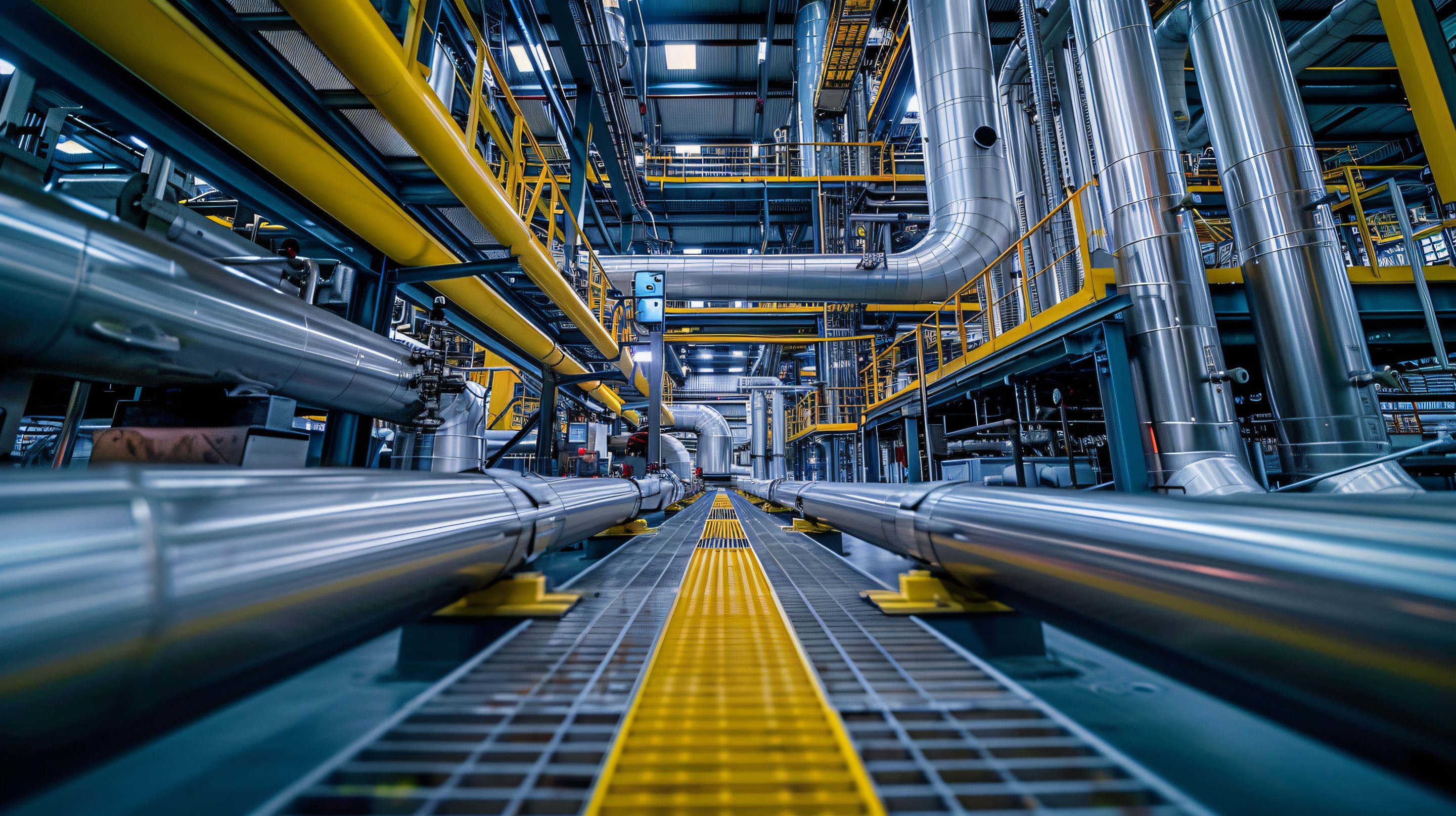 A view of a large industrial facility showcasing an extensive network of silver pipes and yellow walkways.