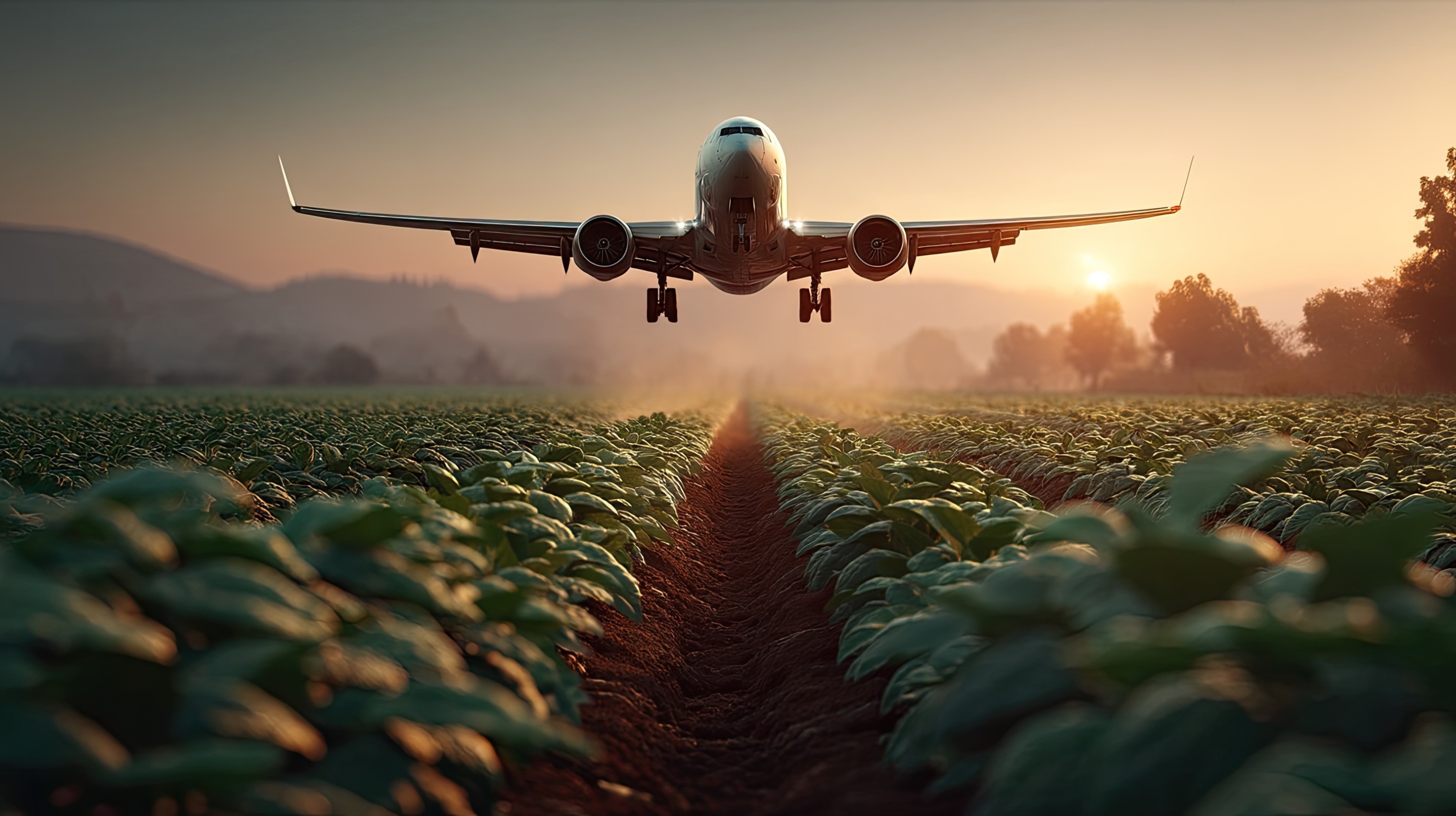 An airplane approaches for landing over thriving crop fields, set against a warm, golden sunset.
