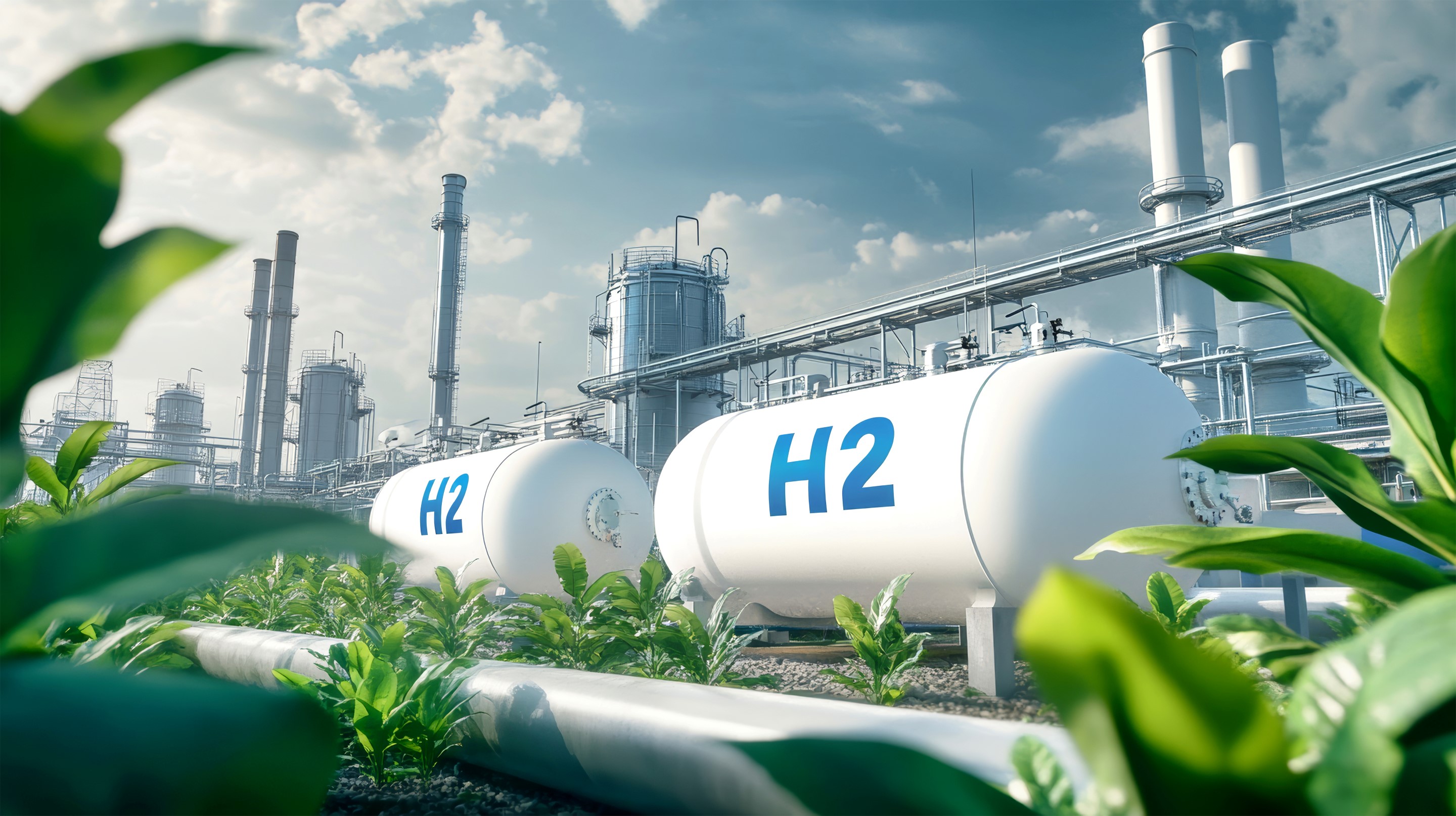 A modern hydrogen production facility featuring large storage tanks, industrial structures, and surrounding greenery.