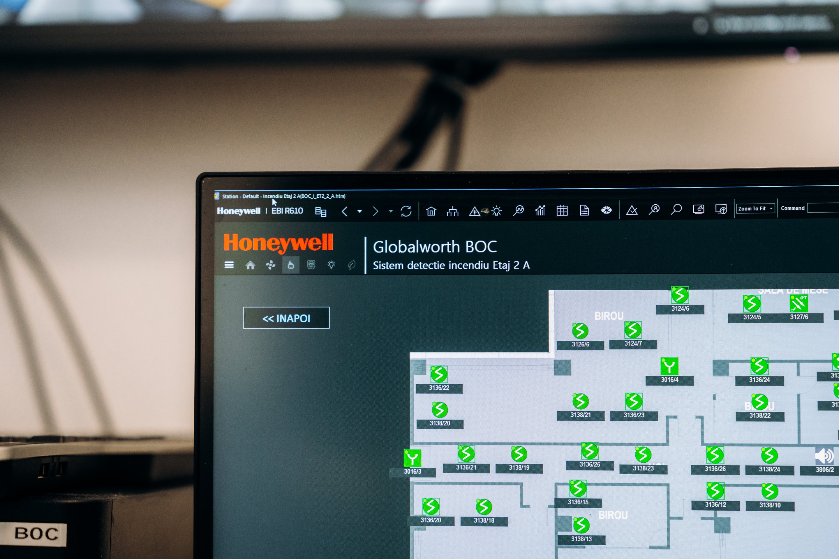 A computer monitor displaying the Honeywell fire detection floor plan for the Globalworth BOC building.