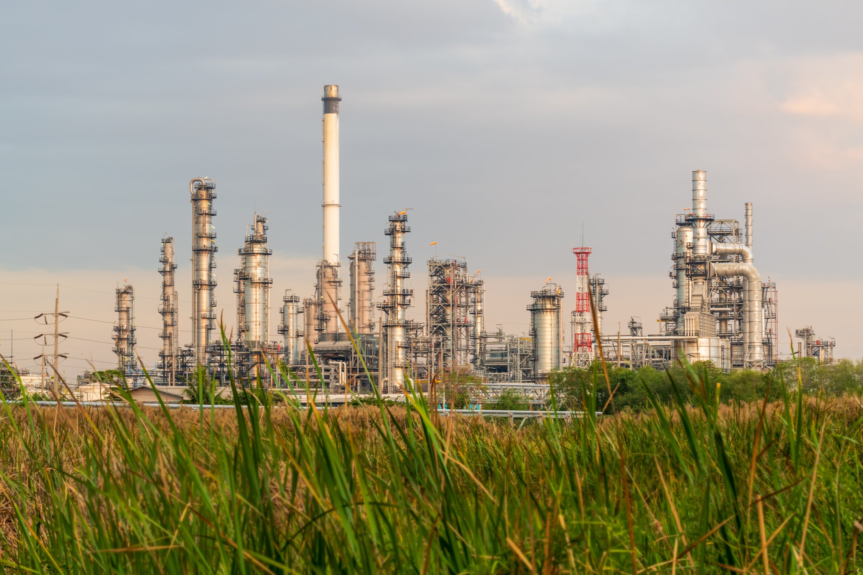 Industrial refinery structures and tall processing towers rise above foreground wetlands under a soft, overcast evening sky.