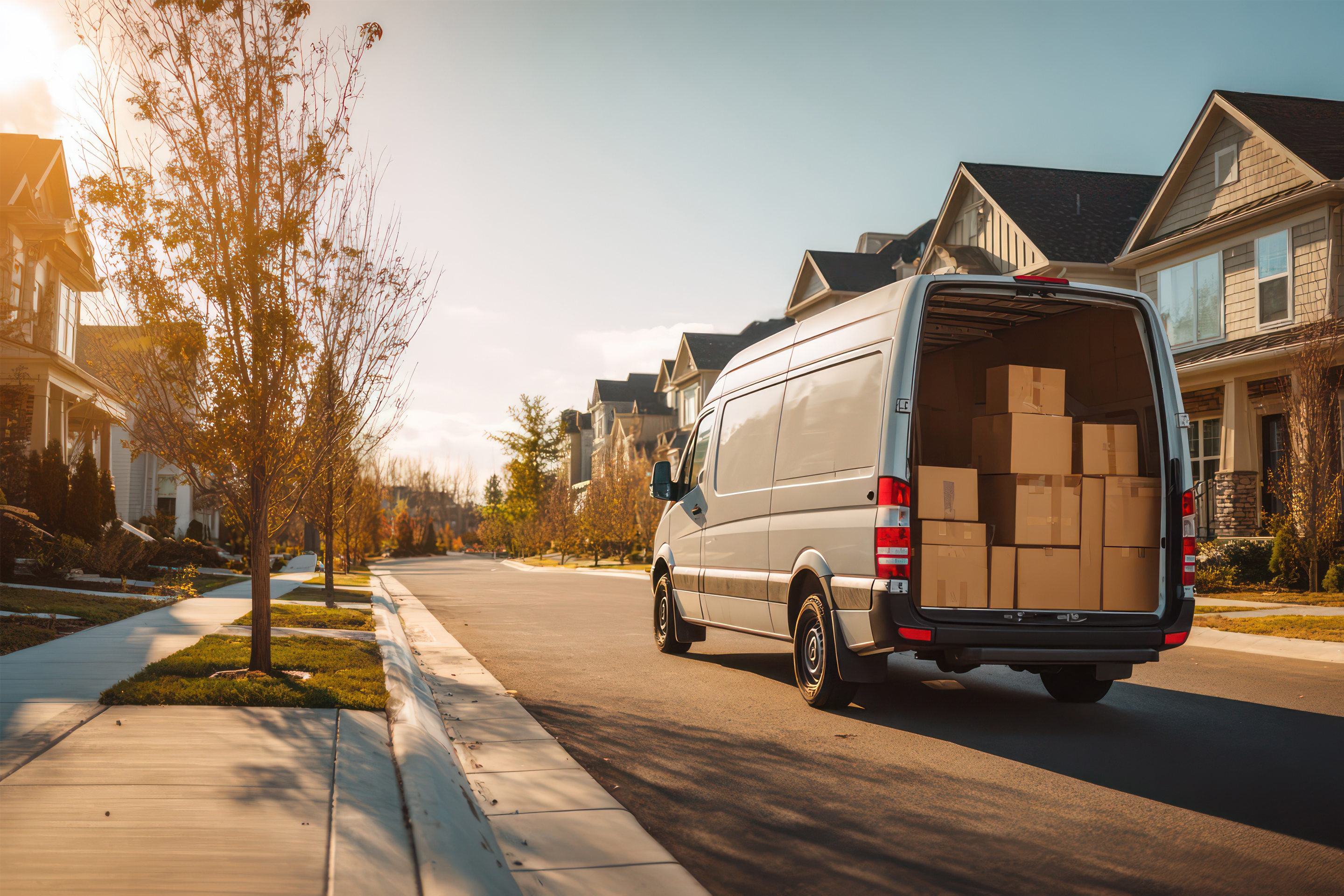 Loaded Delivery Van in Front of Suburban Home on Sunny Day