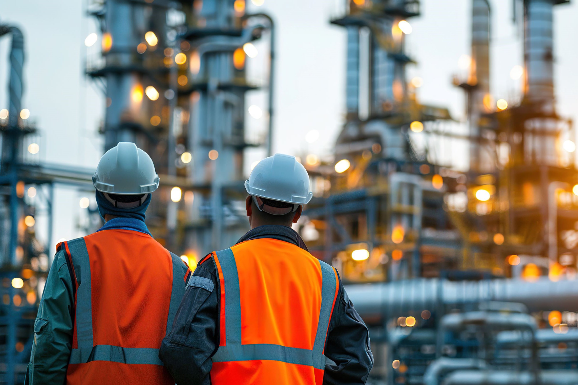 Two workers in helmets and safety vests look at an oil refinery, illuminated by many lights, during twilight.