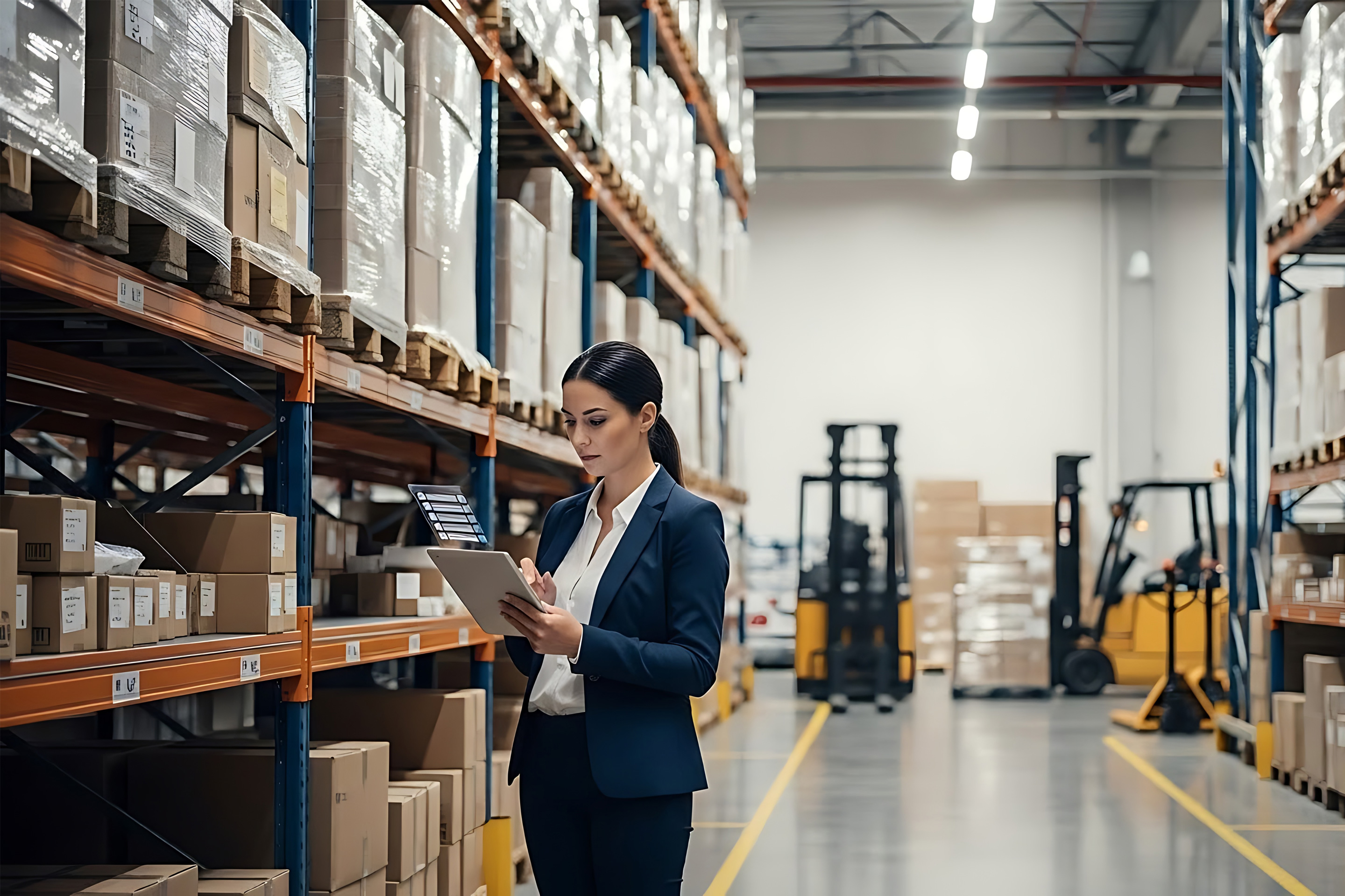 Businesswoman reviewing checklist in front of organized warehouse shelves, concept of supply chain optimization, efficiency improvement and operational resilience, realistic industrial environment