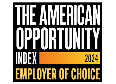 American Opportunity Index 2024 Employer of Choice badge with white text on black background and orange gradient bar.