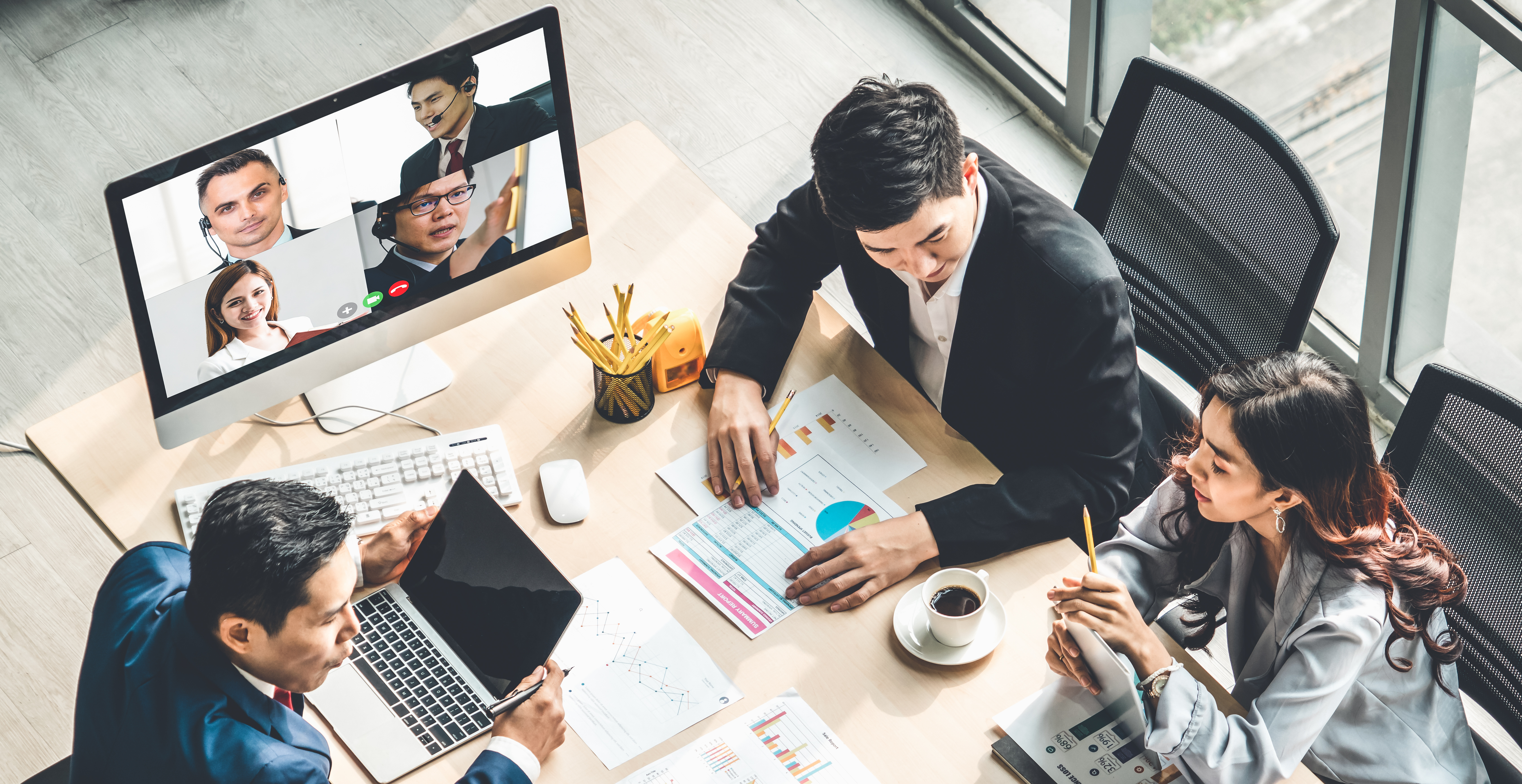 Video call group business people meeting on virtual workplace or remote office. Telework conference call using smart video technology to communicate colleague in professional corporate business.