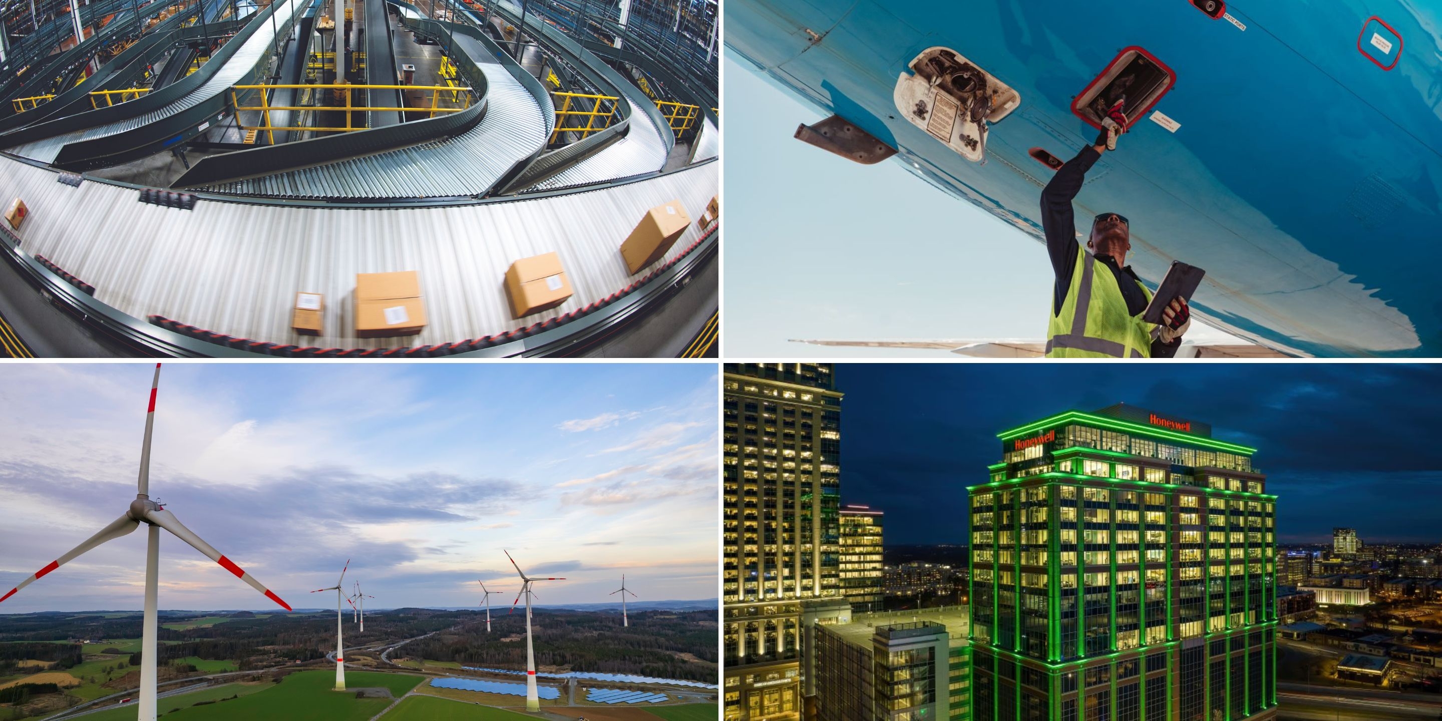 Four images in a grid style representing industrial automation, aviation and energy transition, along with the Honeywell headquarters in Charlotte