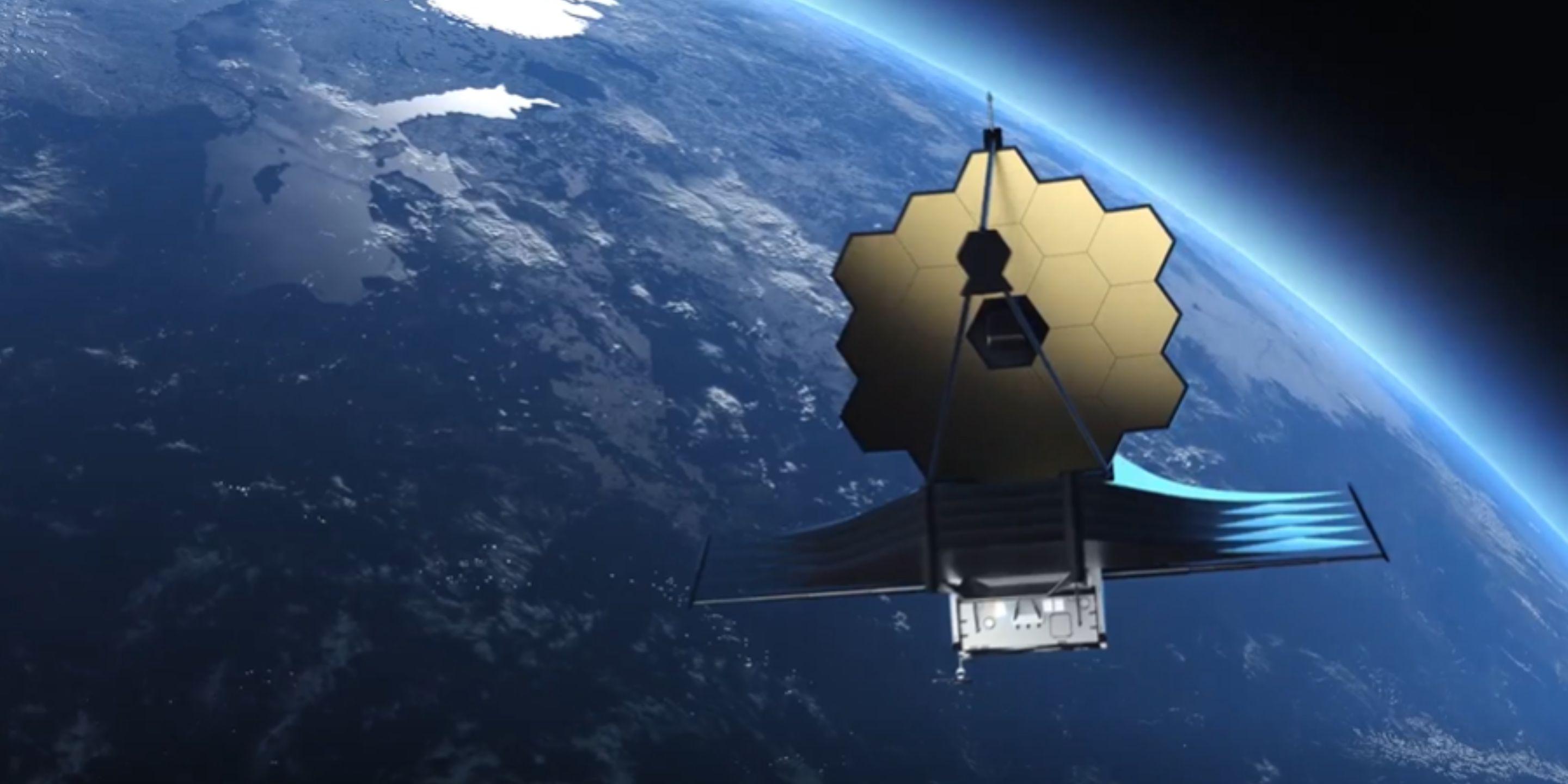 View of the James Webb Space Telescope with Earth in the backdrop.