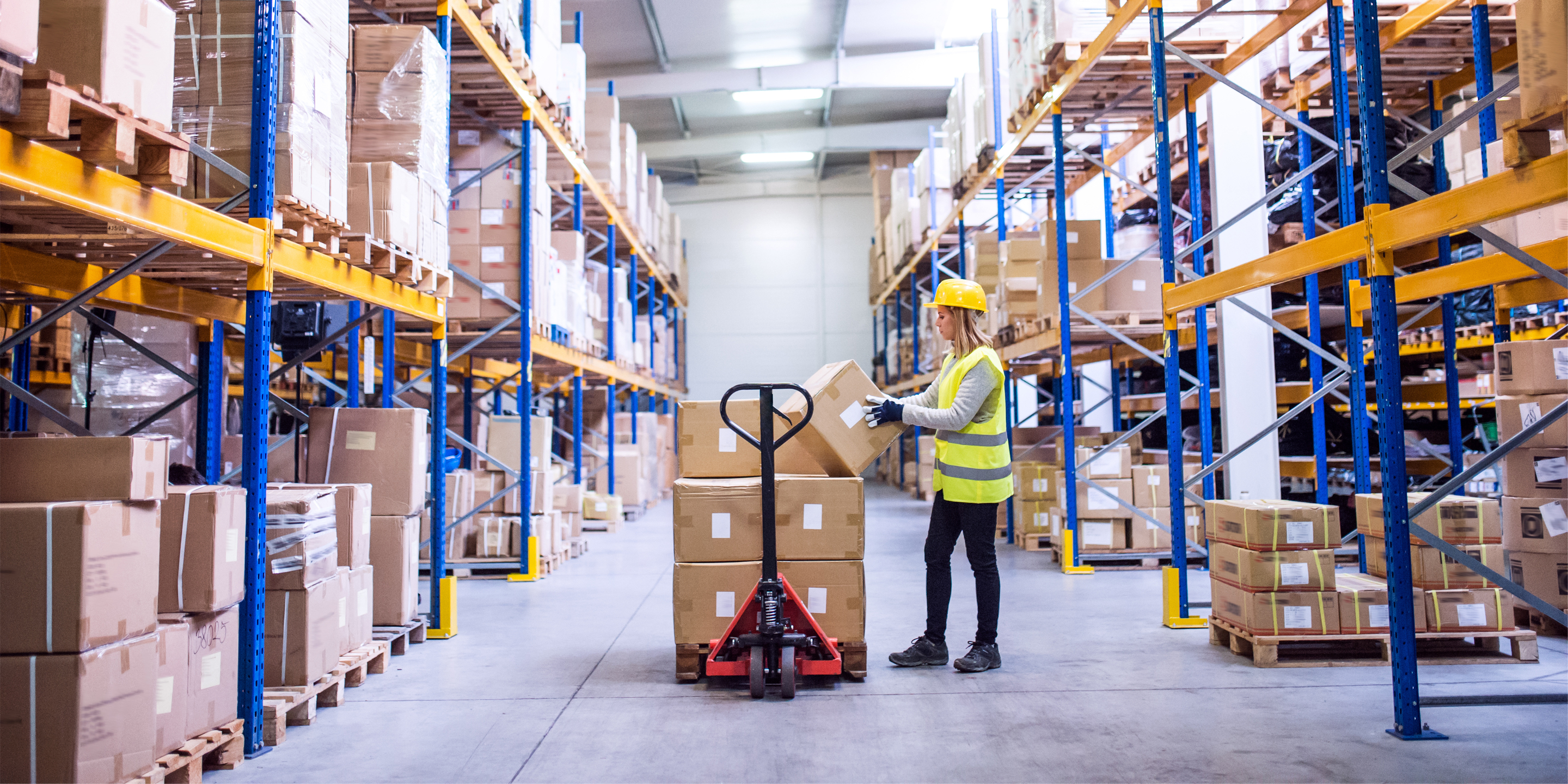 Female warehouse worker loading boxes