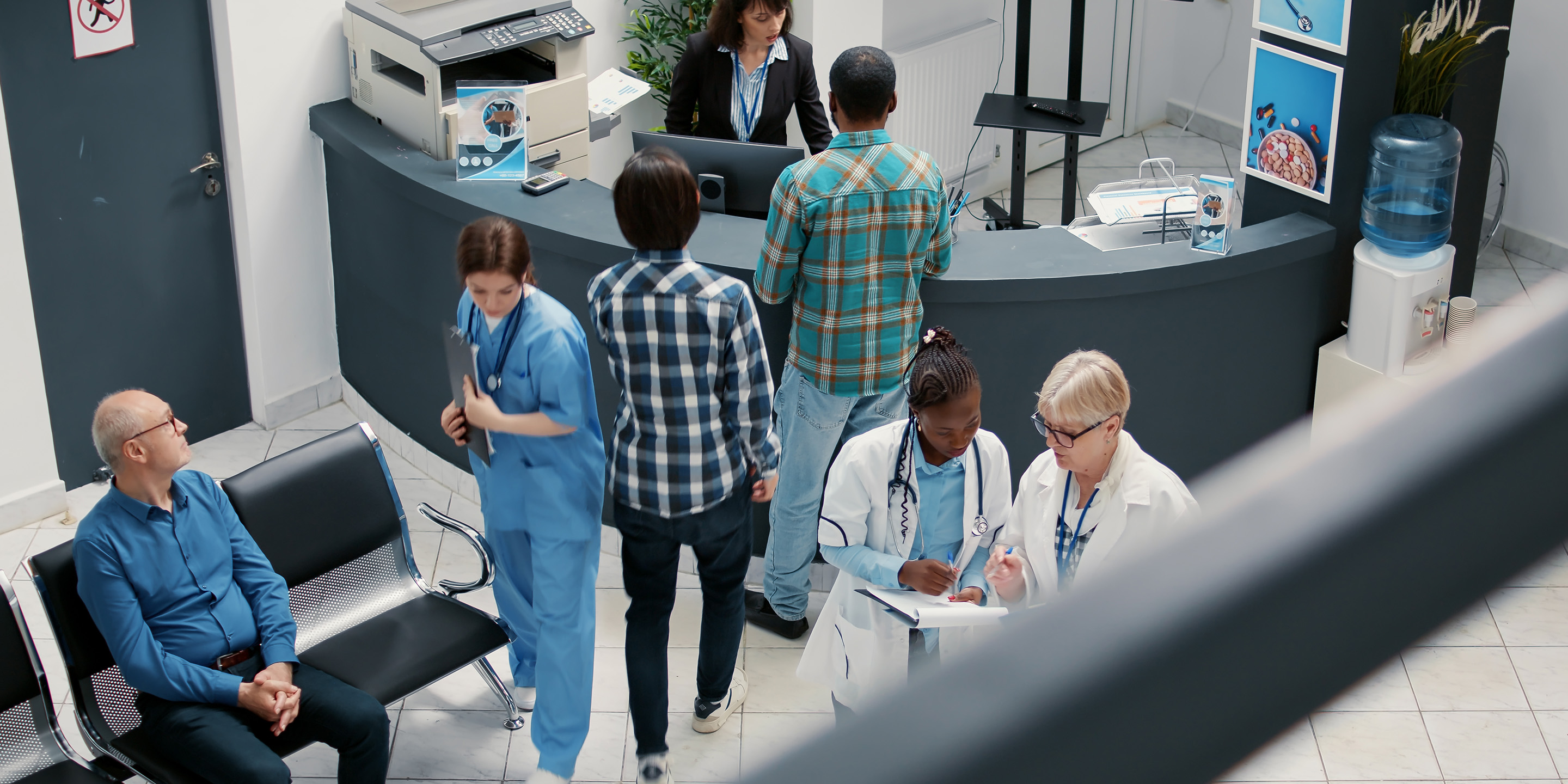 Hospital Reception Area with Doctors and Patients Interaction. Also defines the patient waiting area.