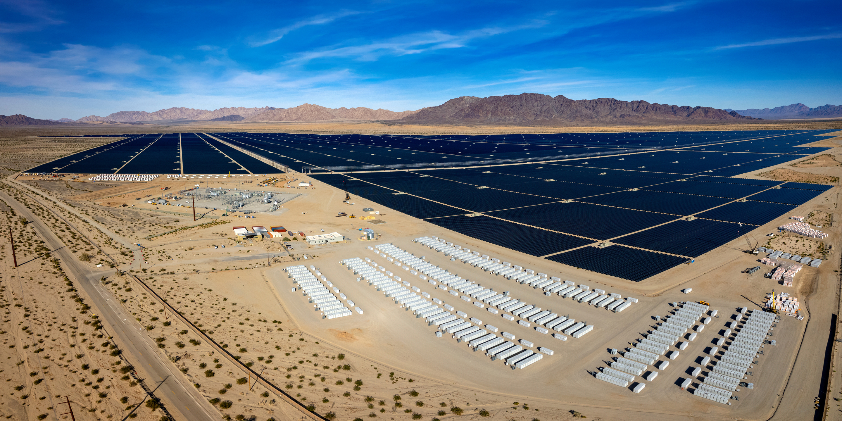 Aerial view of solar power and battery storage units in the desert