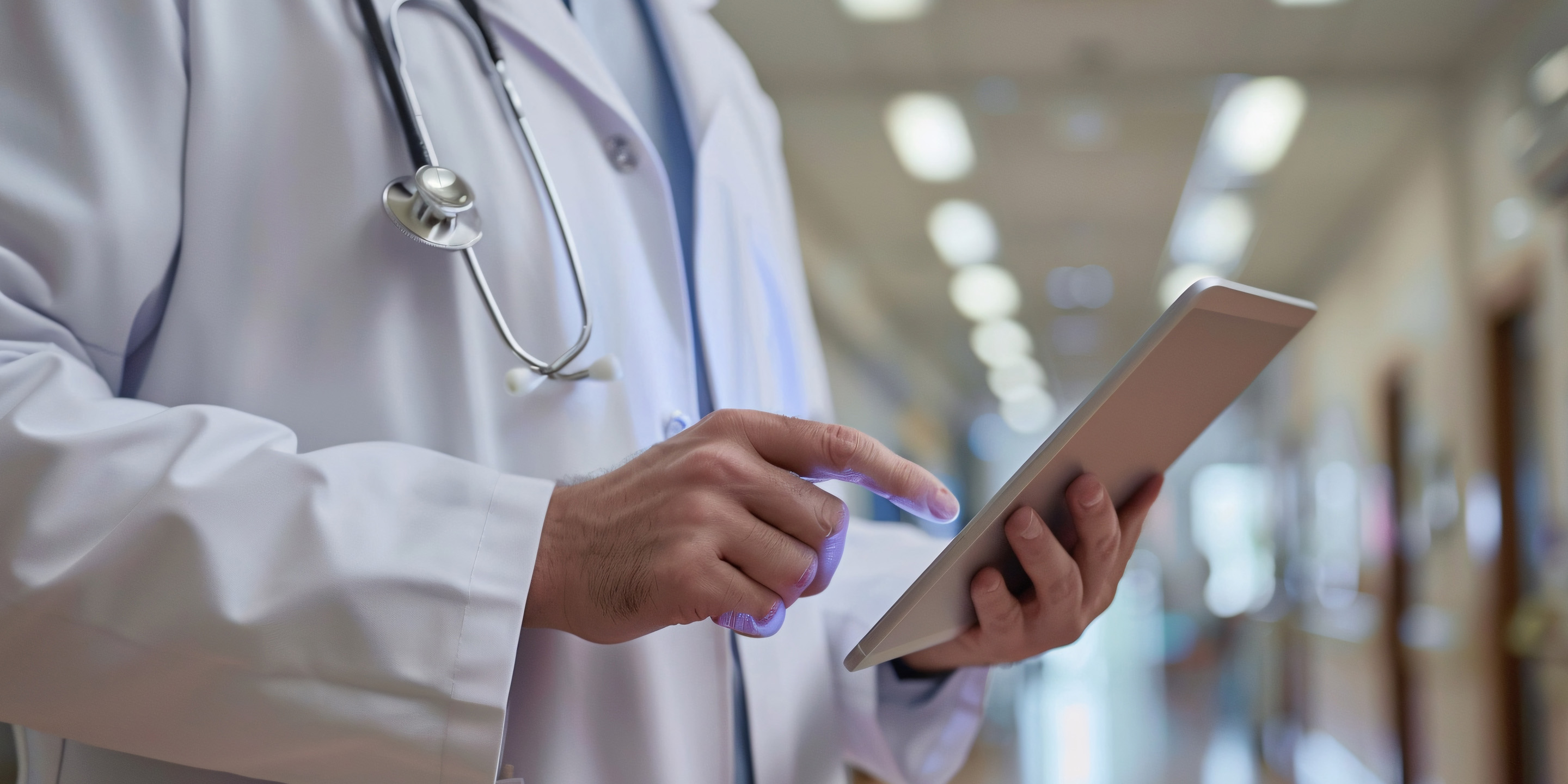 Doctor with Stethoscope using tablet for remote monitoring to check status of patient