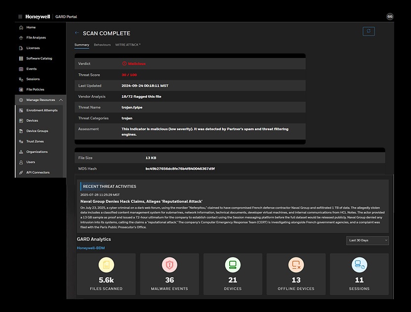 Honeywell GARD Portal Scan Complete - Malicious Trojan Pipe