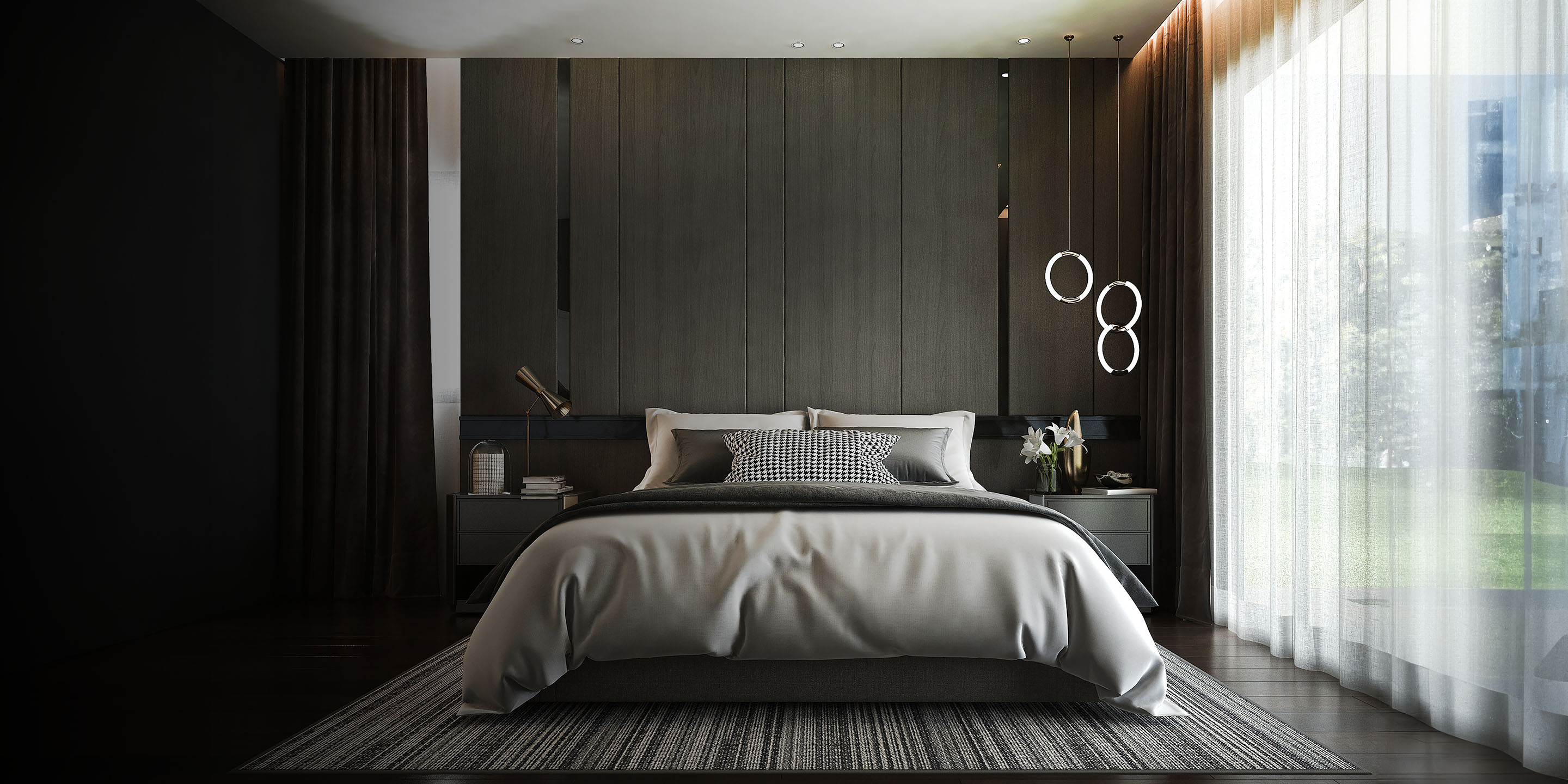 A stylish modern bedroom featuring dark wood paneling, plush bedding, elegant curtains, and soft lighting, creating a serene and inviting atmosphere.