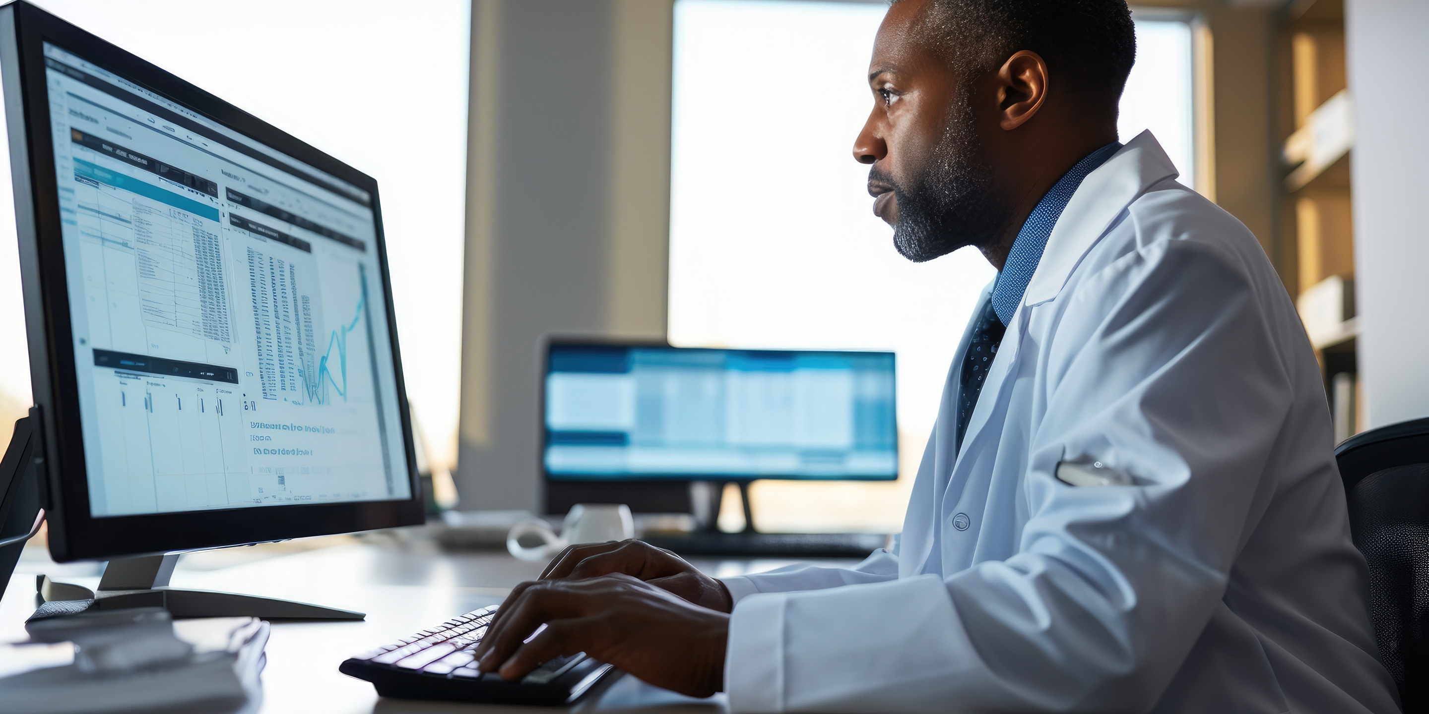 A medical professional in a lab coat works on a computer, analyzing data displayed on multiple monitors in a modern office setting. The screens show graphs and data tables related to health information.