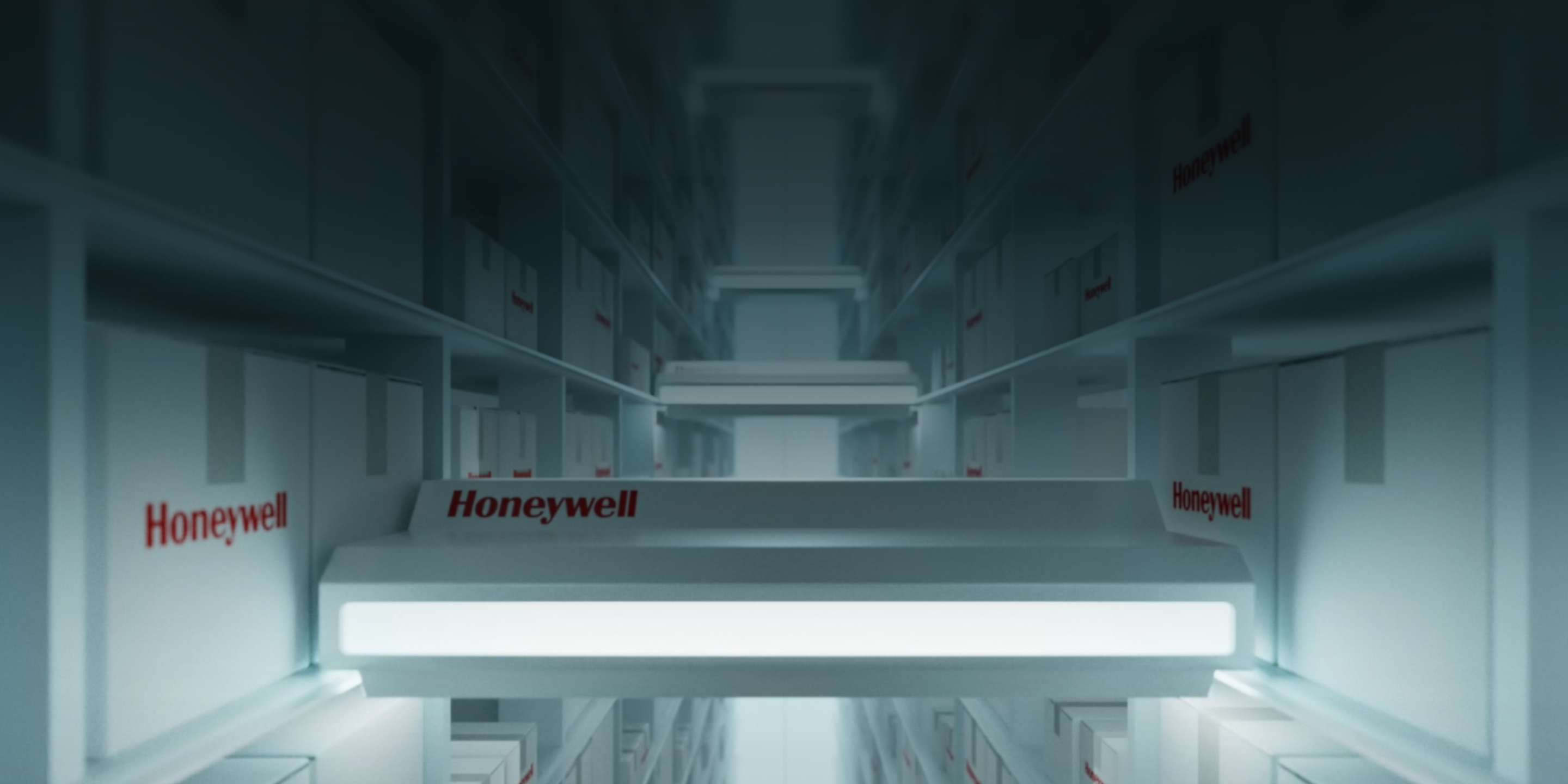 A dimly lit warehouse aisle showcasing organized white boxes with the Honeywell logo prominently displayed, creating a futuristic atmosphere.