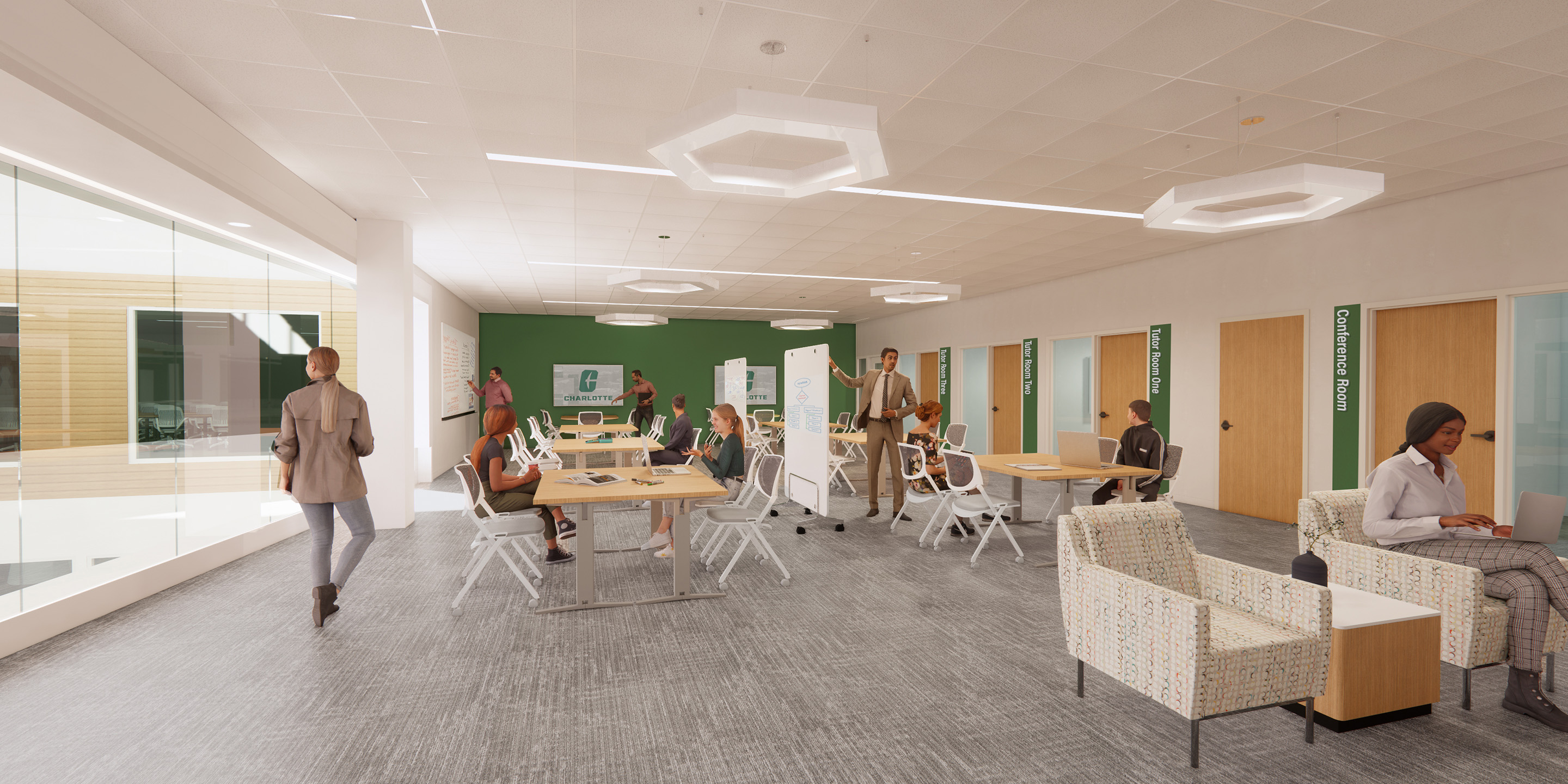 An inviting modern office space featuring flexible seating, bright lighting, and areas for teamwork, showcasing a blend of technology and collaborative design for productivity.