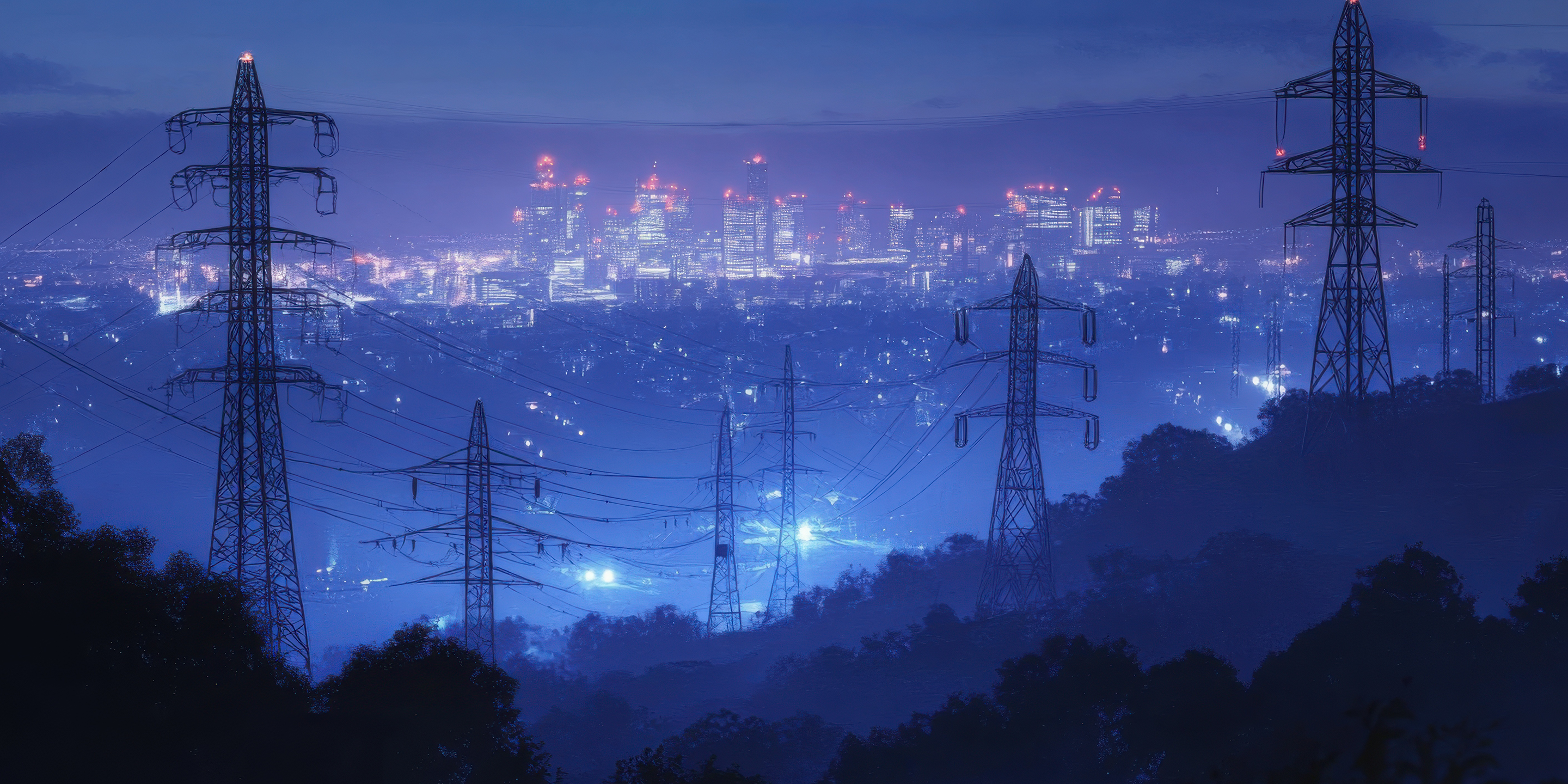 Explore a captivating nighttime cityscape featuring dramatic power lines against a backdrop of glowing buildings