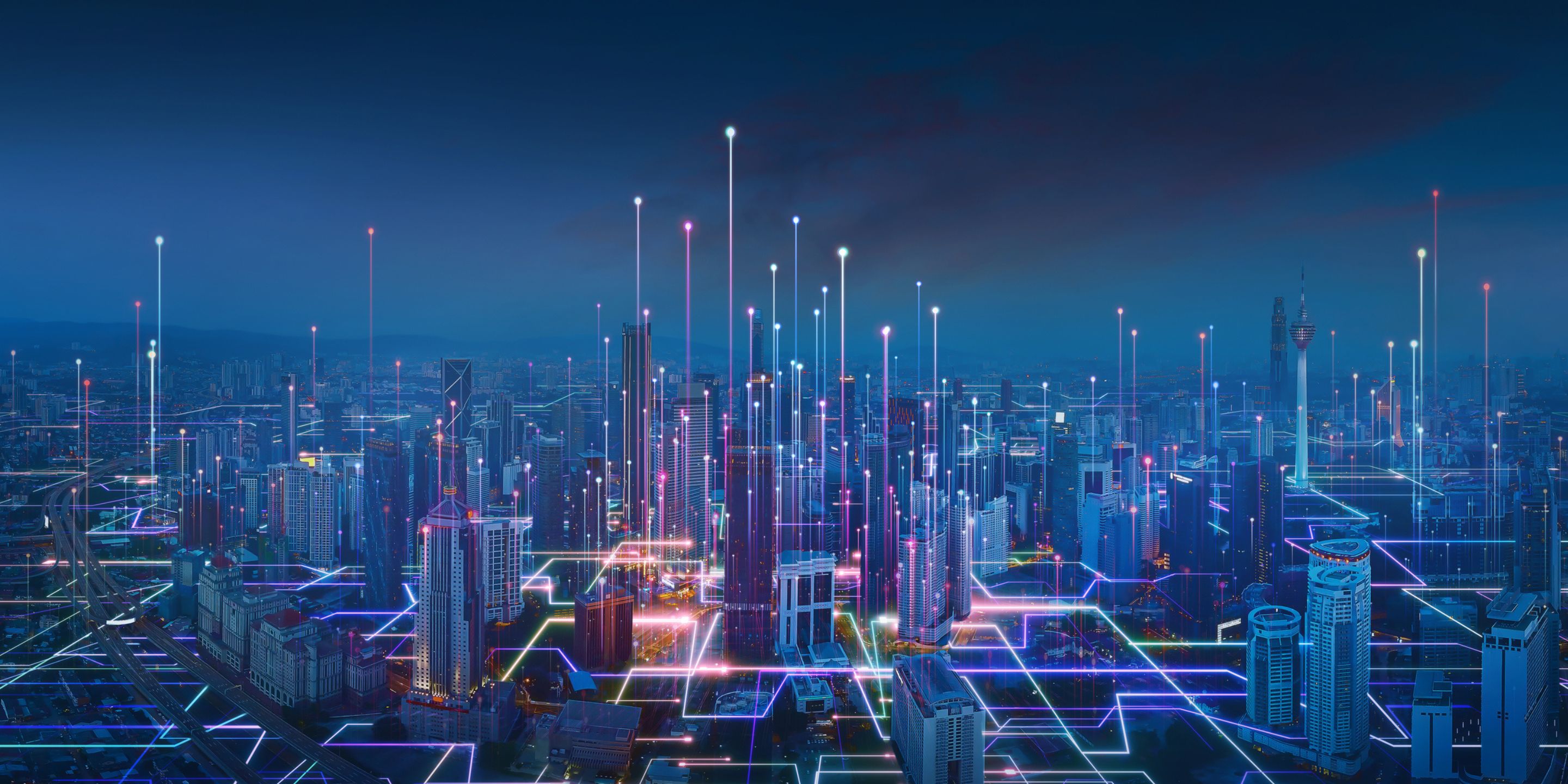A vibrant city skyline at dusk, featuring glowing lines representing a digital smart network interconnecting tall buildings.