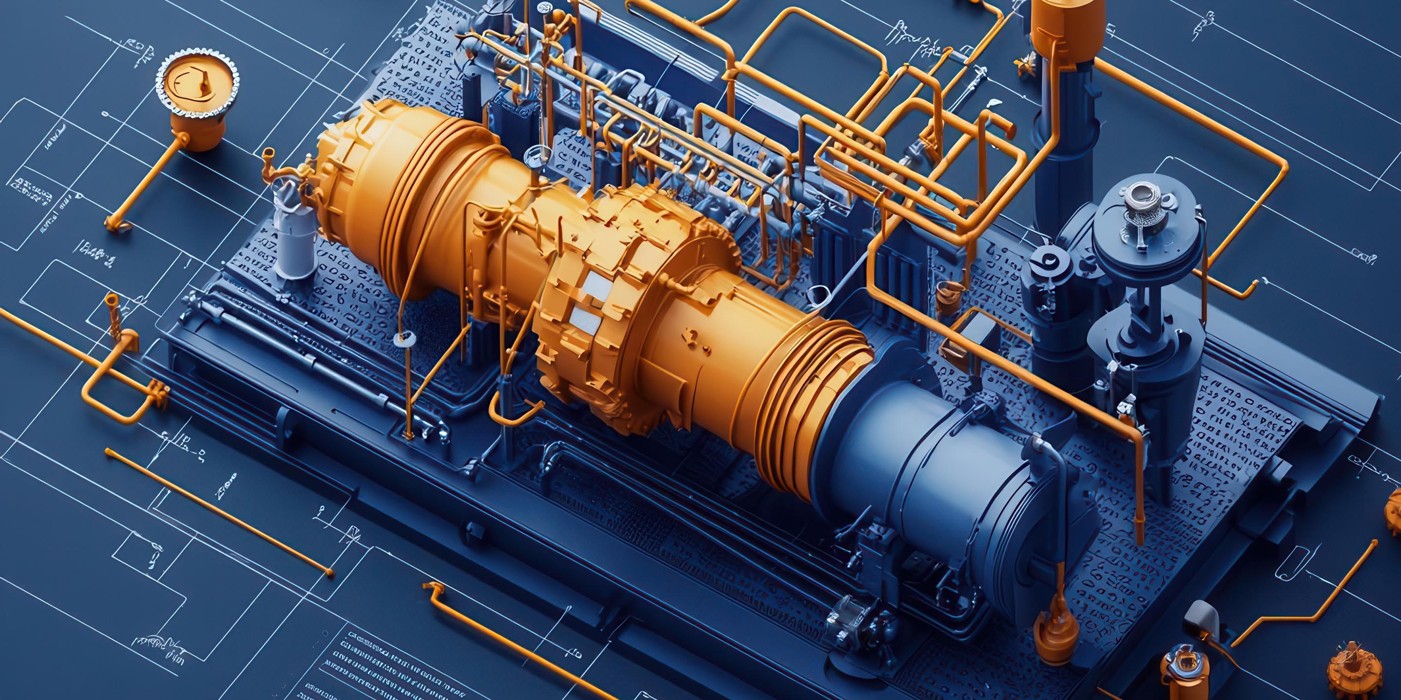 Gas compression system, detailed chemical engineering blueprint, 3D illustration